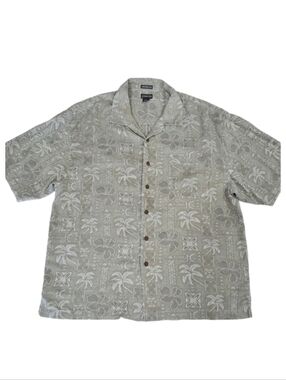 ✨2/$25 St.Johns Bay~Men Silk Hawaiian Button Up Shirt~Tan Tropical Palm Leaf~XXL
